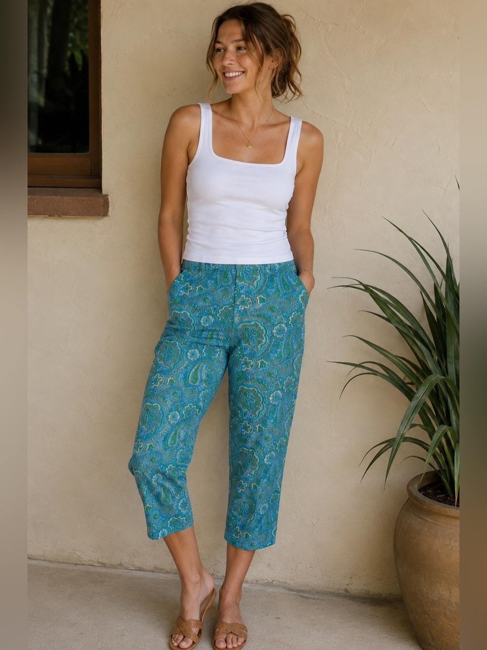 Vintage Teal Paisley Women's Pants • crop • capri • Talbots • 90s